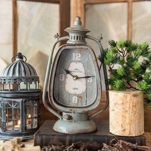 Reloj de hierro con forma de farol de vela con mango gris antiguo, casa de granja europea, hogar, jardín, decoración de mesa, reloj de metal con base redonda, 1210g