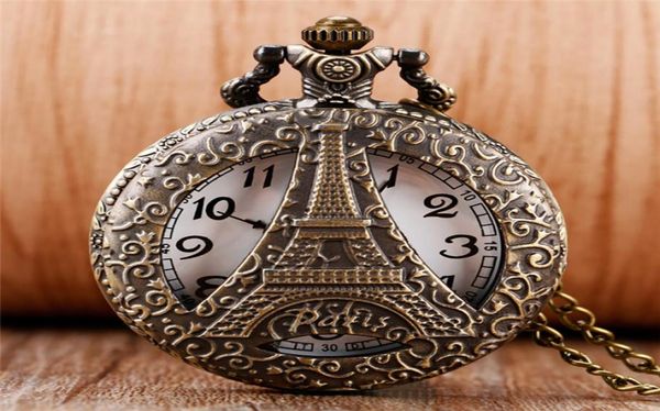 Antique creux Paris Paris Eiffel Tower Tower Quartz Pocket Watch Collier Pendante Chaîne Fob Watches For Men Women Souvenir Gift6582593