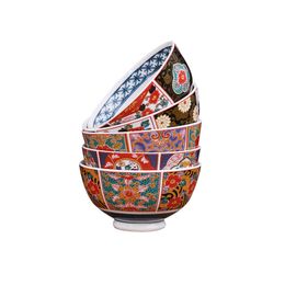 Antieke imari -stijl set van vijf 4,5 inch porseleinen rijstkommen ingewikkeld blauw rood oranje Japans bloemen motief bruiloft huisverwarming geschenken