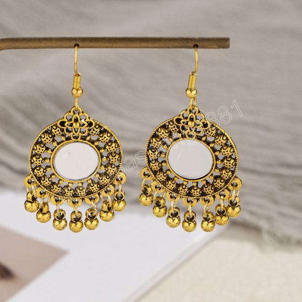 Boucles d'oreilles indiennes antiques Jhumka pour femmes ethnique bohème miroir rond perles creuses gland boucles d'oreilles pendantes bijoux Brincos