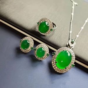 Antieke Jade Diamanten Sieraden set 925 Sterling Zilveren Verlovingsringen Oorbellen Ketting Voor Vrouwen Bruidsfeest Sieraden