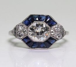Bijoux anciens 925 argent Sterling diamant saphir mariée mariage fiançailles Art déco bague taille 5126185453