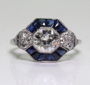 Antieke sieraden 925 Sterling Silver Diamond Sapphire Bride Wedding Engagement Art Deco Ring Size 5126350815
