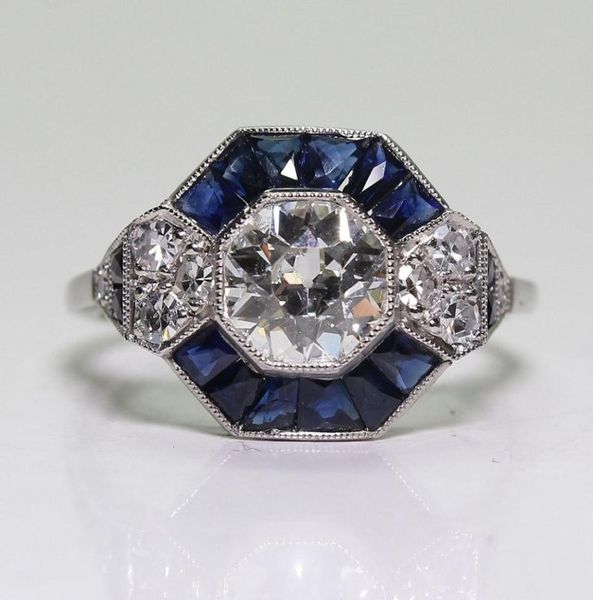 Bijoux anciens 925 argent Sterling diamant saphir mariée mariage fiançailles Art déco bague taille 5123325683