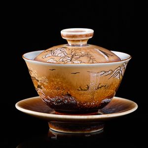 Antiek oven Gaiwan Porselein geschilderd gouden landschap deksel gepigmenteerde keramische kung fu thee tureen vintage chinaware thee kom