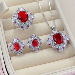 Antiek lab Ruby Diamond Jewelry Set 925 Sterling Silver Engagement Wedding Rings oorbellen ketting voor vrouwen beloven sieraden