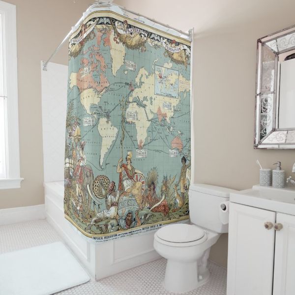 Carte antique Classic Old World Retro Map Douche rideau de douche de salle de bain Crochet Crochet de salle de bain Curtain Home Decor L220CM