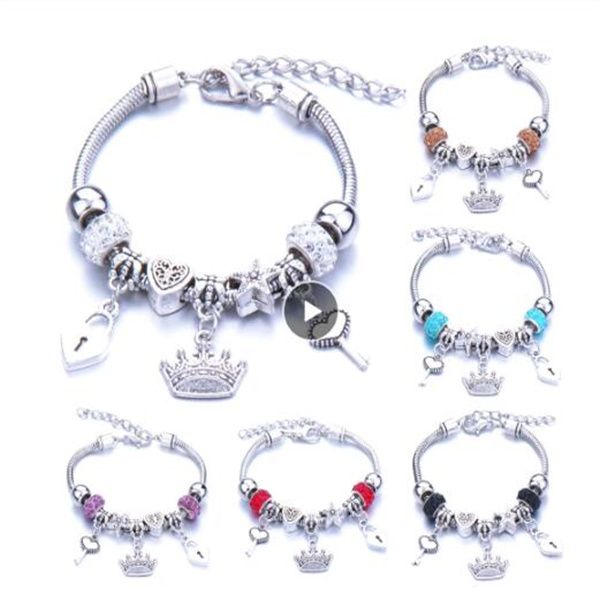 Antique Original couronne clé serrure forme bracelets pour femme perles de verre marque Bracelet Bracelet bijoux à bricoler soi-même cadeaux GC1066
