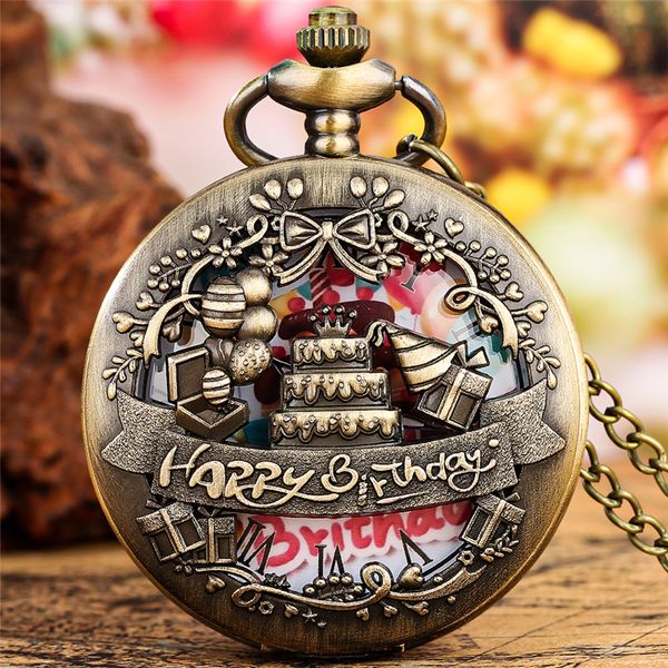 Reloj de bolsillo antiguo con diseño calado de feliz cumpleaños para hombre y mujer, relojes de cuarzo con pantalla de Número romano con cadena