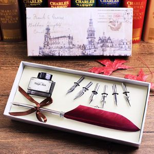 Pluma antigua Pluma de inmersión Juego de tinta para escribir Papelería Caja de regalo con 6 puntas Regalo de boda Pluma estilográfica Día de la madre 240123