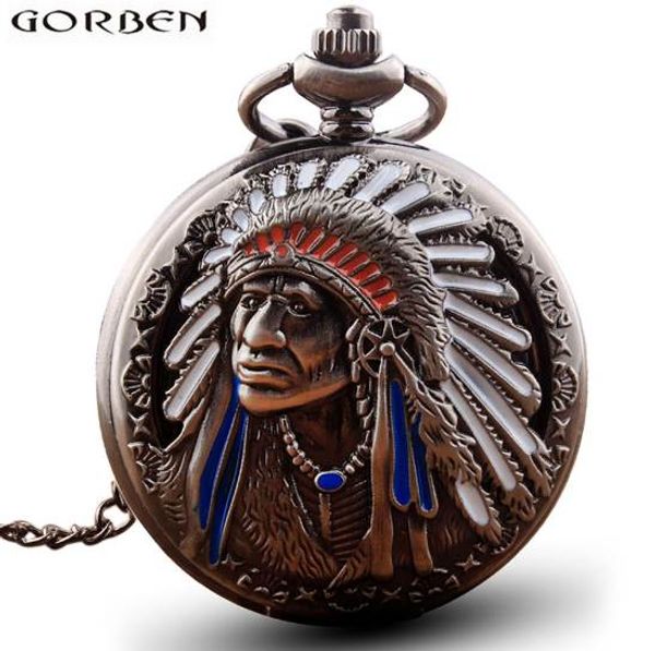Antiquités Retro Indian People Copper Quartz Pocket Watch Chaîne Bronze FOB Montres pour hommes Cadeau Relogio de Bolso