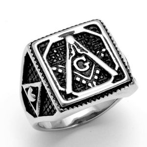 Antique Rétro Argent 316L Bague En Acier Inoxydable Franc-Maçonnerie Boussole Carré Maçonnique Maçon Noir Personnalisé Emblème Maçonnique Signes Classe Anneaux Bijou