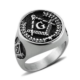 Antique rétro argent Punk 316 en acier inoxydable Freemasonry Ring Compass Square Masonic Mason Black Masonic Emblem Signes Anneaux Bijoux pour hommes