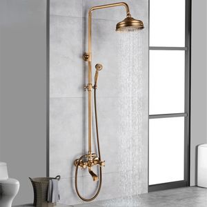 Antique Shower Set Wall Bathroom Bath Shower Faucet Rainfall Brass Swivel Spout Mixer Tap Sliding Bar Shower System