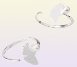 Anillo de dedo de la planta de hoja de ginkgo de plata antigua para mujeres Lady Elegant Wedding Rings Imitation Pearl Lovely Gift22170248652593