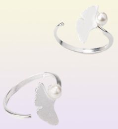 Anillo de dedo con apertura de planta de hoja de ginkgo de plata antigua para mujer, anillos de boda elegantes, perla de imitación, regalo encantador 22170246668514