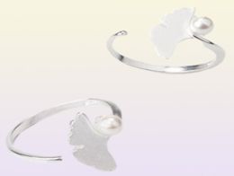 Anillo de dedo con apertura de planta de hoja de ginkgo de plata antigua para mujer, anillos de boda elegantes, perla de imitación, regalo encantador 22170249890670