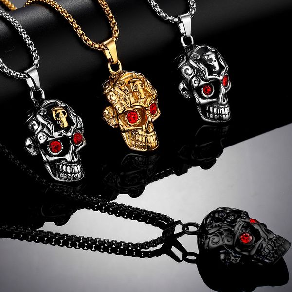 Antique Argent Or Noir Hommes Biker Punk tête de crâne pendentifs hip hop oeil rouge collier en acier inoxydable pendentif bijoux avec pierre rubis cz