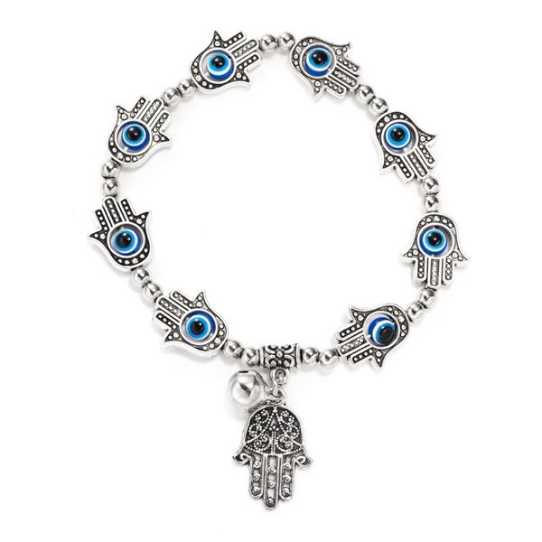 Bracelets extensibles à breloque bleu mauvais œil plaqué argent antique main de Fatima avec petite cloche