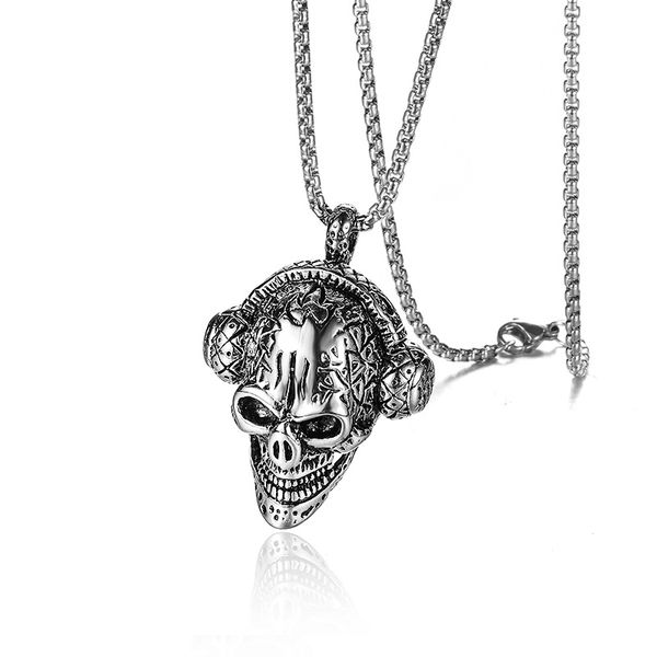 Colgante con auriculares de calavera de acero inoxidable y plata antigua, collar Retro Punk para hombre, cabeza de fantasma para escuchar música, joyería de estilo Hip-hop