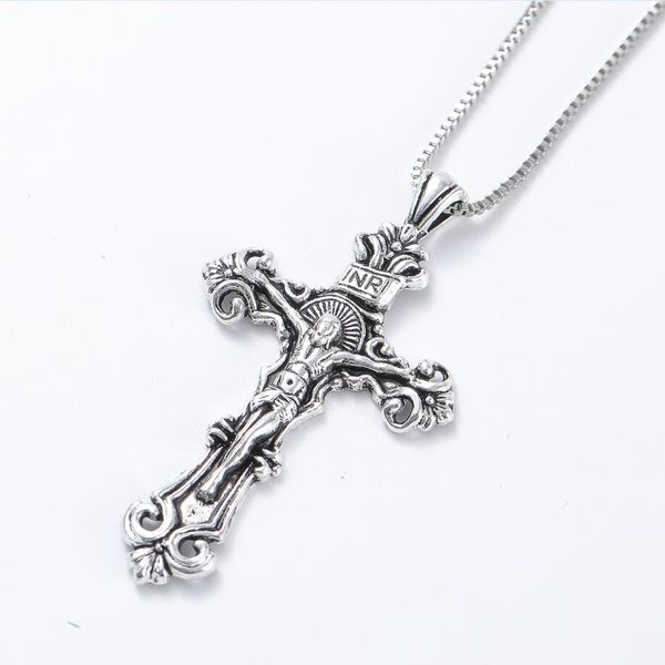 Collares con colgante de crucifijo grande tradicional de plata antigua, collar con medallón cruzado N1656 24 pulgadas 20 unids/lote
