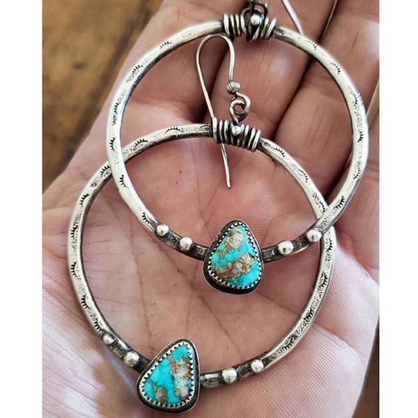 Antique Silver Turquoise Hoop Boucles d'oreilles Cils Bijoux Femmes Boucle d'oreille Cercle Boucles d'oreilles Mode