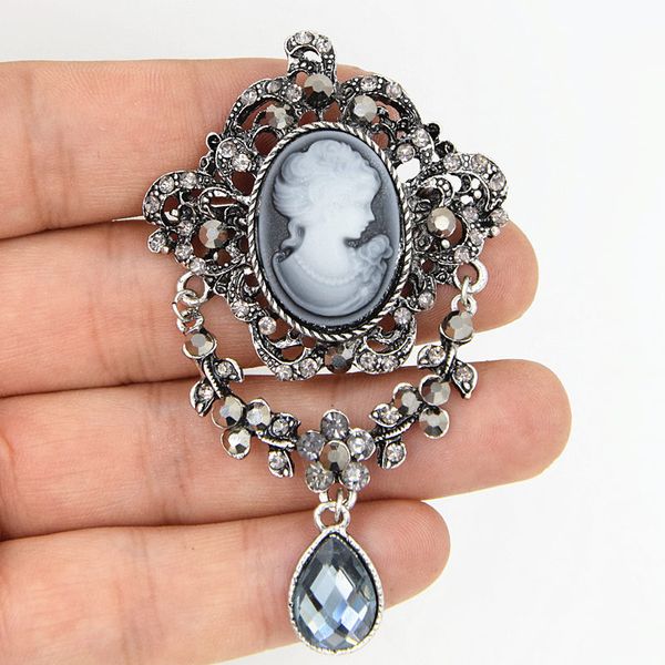 Antique Silver vintage Victorian Queen Cameo Brooch Elegant Gift Scarf Pin Top Quality Crystals Righestone Pretty Pins Lady Cameo Broaches