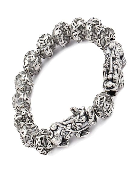 Bracelet de richesse en argent antique Pixiu six mots mantra bouddha perles bracelet Feng shui Luck Jewelry8267560