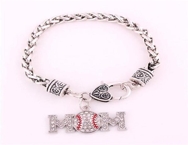 Bracelet de blé de sport plaqué argent antique, multicolore, clouté de cristal étincelant, pendentif MOM BASEBALL ou SOFTBALL298t7749080