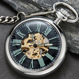 Antique Smooth Silver Skeleton Transparent Mechanical Pocket Watch for Men Chain Hand Winding Reloj de Bolsillo 240327