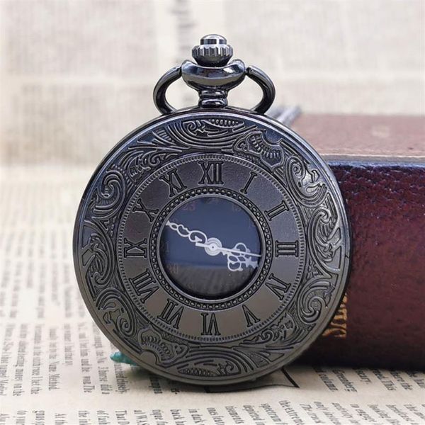 Antigo Steampunk Charme Preto Colar De Quartzo Relógio De Bolso Oco Vintage Fob Relógio Com Corrente Pingentes Presentes Femininos Masculinos 276K