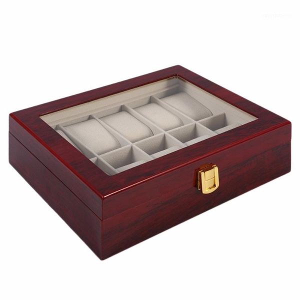 Cajas de reloj Estuches Estilo antiguo Caja de soporte de madera roja Estuche Forro de algodón 10 Rejillas Organizador de almacenamiento Exhibición de joyas Colección de lujo Boxe