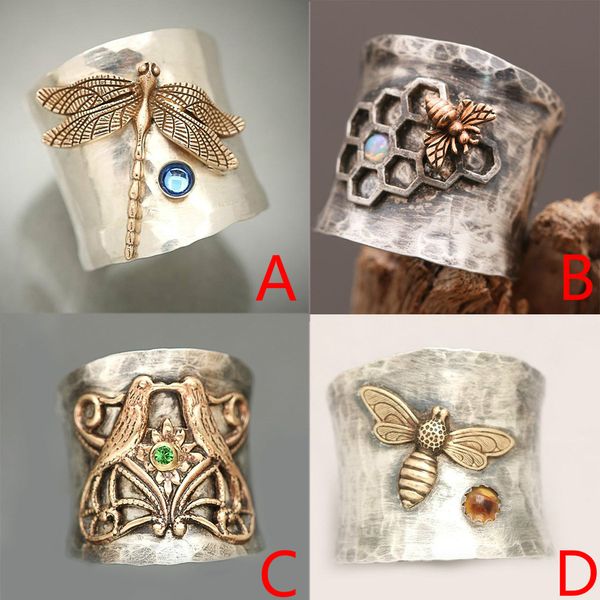 Anillos de banda vintage Plata tailandesa antigua Zircon Forma redonda Tallado Libélula Urraca Abeja para mujeres Fiesta de bodas Joyería de animales lindos