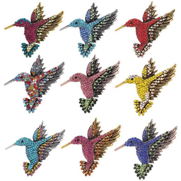 Broches de pájaro de tono antiguo, alfileres de colibrí, multicolor, broche de cristal austriaco, joyería con diamantes de imitación, broches de animales, clip para mujeres, hombres, niñas y niños