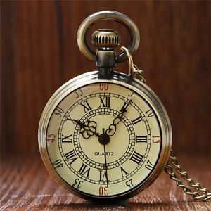 Antique Vintage Bronze Style Tone Hommes Quartz Analogique Montre De Poche Collier Chaîne Chiffre Romain Cadran Cadeaux