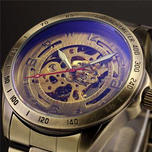 Antieke Vintage Design Automatische Skelet Mechanische Horloge Messing Staal Heren Holshorloge Skeleton Steampunk Relogio Masculino Q0902