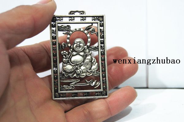 Cuivre blanc antique (amulette) avec un Bouddha souriant double face (pendentif). Pendentif collier porte-bonheur.
