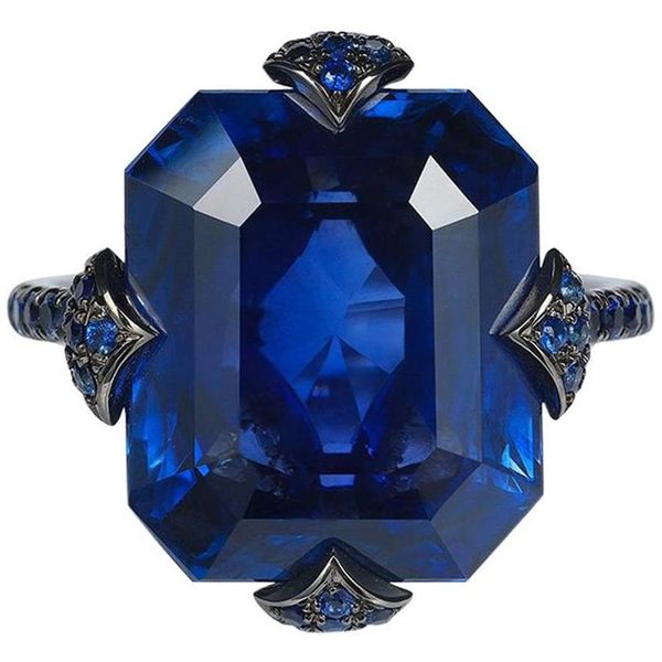 Joyería antigua para mujer, anillo de acero de titanio con zafiro azul y piedras preciosas naturales rellenas de oro negro, anillos de compromiso de boda para novia, tamaño 6-12290q
