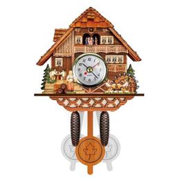 Reloj de pared de cuco de madera antiguo, reloj despertador oscilante con campana del tiempo de pájaro, decoración del hogar H0922227T