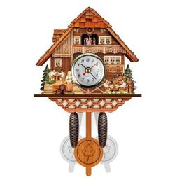 Antique Coucou de bois horloge murale Bird Time Swing Alarm Swing Alarm Home Decoration H09222143068