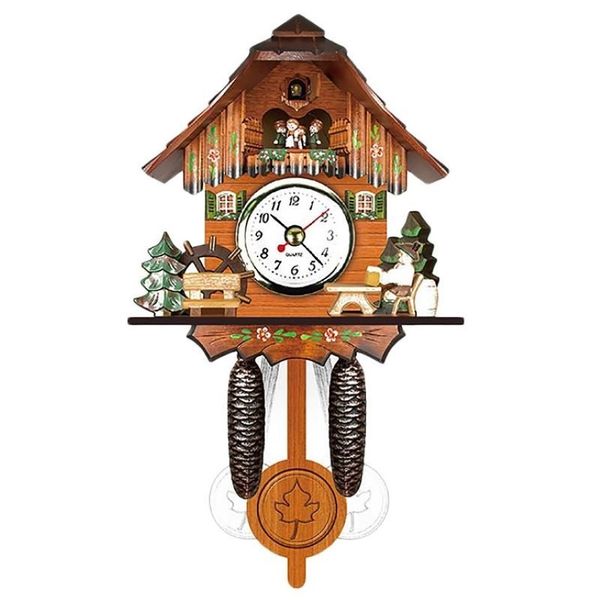 Reloj de pared de cuco de madera antiguo, reloj despertador con campana del tiempo de pájaro, decoración artística para el hogar, 006280W