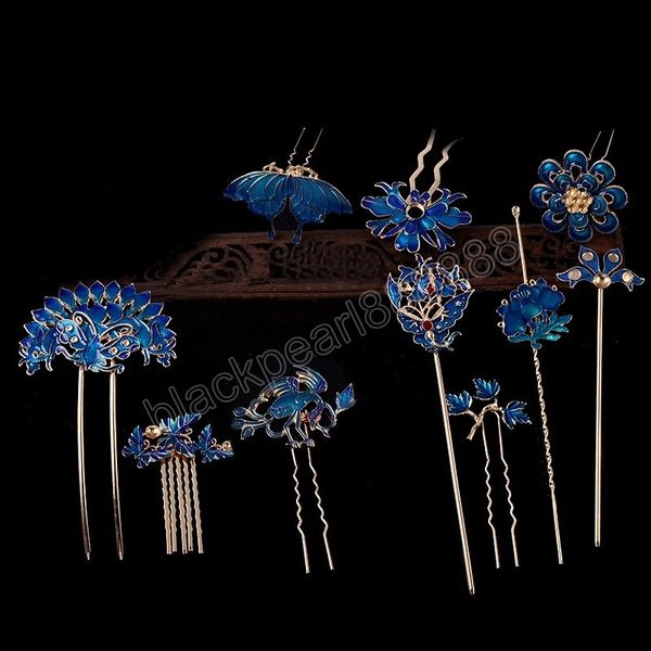 Antiquité orchidée fleur cheveux bâton cloisonné luxe bijoux bleu épingle à cheveux chinois Vintage à la main épingle à cheveux outils de coiffure