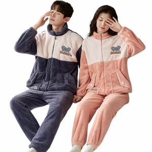 Antistatische Dikker Flanel Paar Nachtkleding mannen Winter Warme Pyjama Set Casual Koreaanse Stijl Rits Patchwork pijama hombre S5wb #
