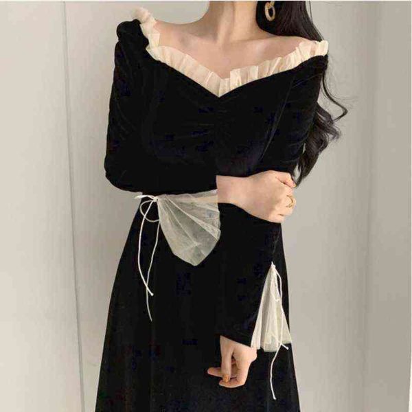 Antumn Winter Evening Party Midi Vestidos Mujeres Negro Moda coreana Elegante Vestido vintage Ruffle Manga larga Vestido de una sola pieza Nuevo Y1204