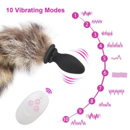 Anus Dilatateur 10 Fréquence Vibrant Butt Plug Télécommande Adulte Jeu Cosplay Sex Toys Pour Couples Fox Tail Anal Vibrateur 240312