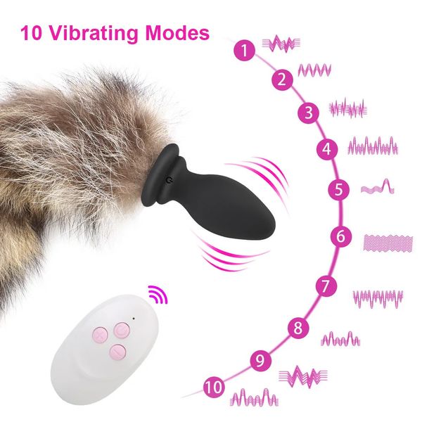 Anus Dilatateur 10 Fréquence Vibrant Butt Plug Télécommande Jeu Adulte Cosplay Sex Toys Pour Couples Fox Tail Anal Vibrateur 240227