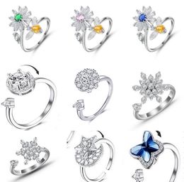 Angstbandring Fidget spinner Rings voor vrouwen Iced Butterfly Flower Blue Eye Cubic Zirconia Fashion Rotate Frey Spinning Anti Stress Rings