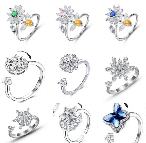 Anneau de bande d'anxiété Fidget Spinner Anneaux pour femmes Iced Out Butterfly Flower Blue Eye Cubic Zirconia Fashion Rotate Free Spinning Anti Stress Rings