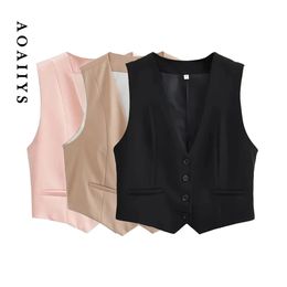 Aoaiiys Blazer gilet pour les femmes Wilait Crated Waistcoat Pink Fashion Front Buttons Tops Vintage V Neck Neck Sans manchettes Extérieur Chic Gilet 240424