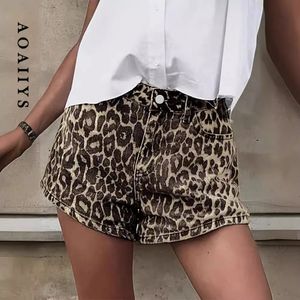 Aoaiiys estampado de leopardo pantalones de mezclilla corta botón casual Vintage caída de cremallera shorts femenino verano y2k streetwear 240508